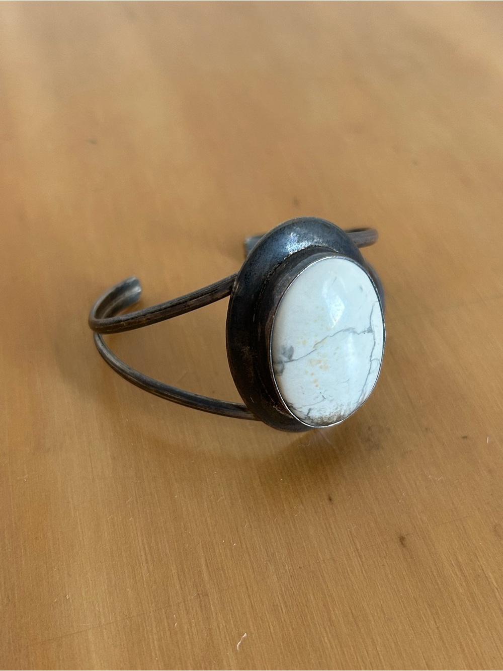 White buffalo turquoise Oval Stone Silver-Tone Cuff Bracelet
